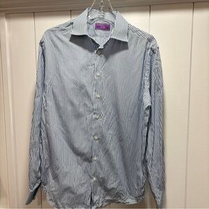 LORENZO UOMO Men's Blue White Stripe Shirt Trim Fit Button Up - 16 (34-35)